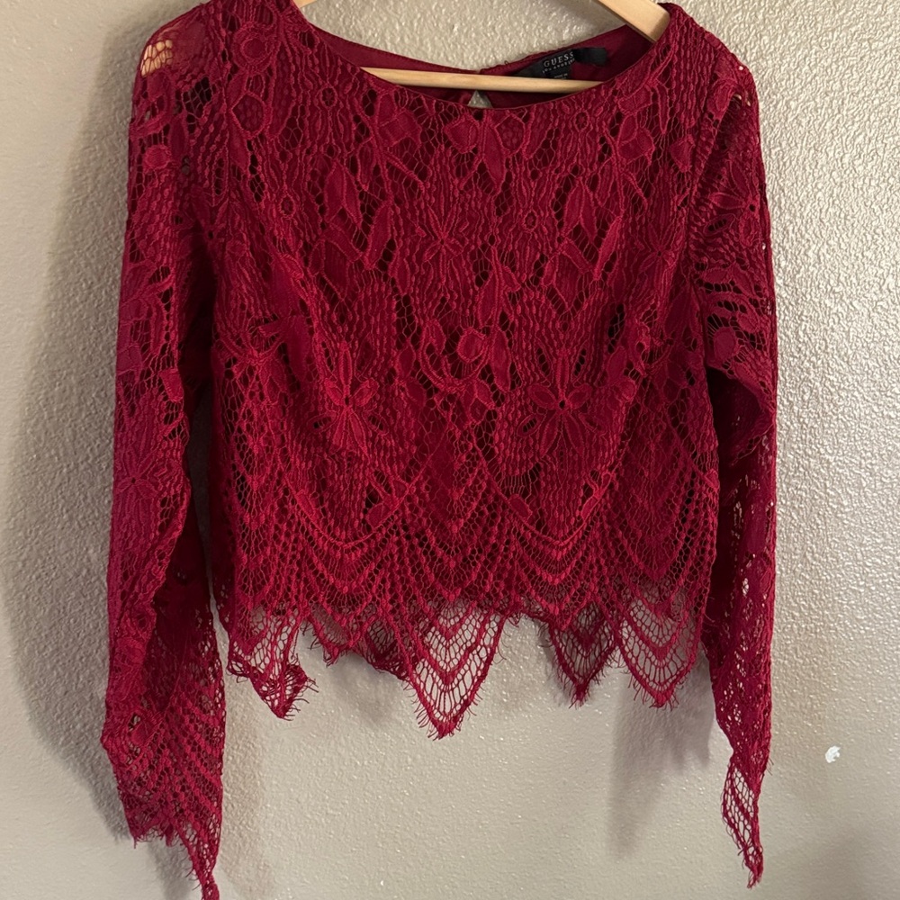 Guess Burgundy Cropped Lace Blouse